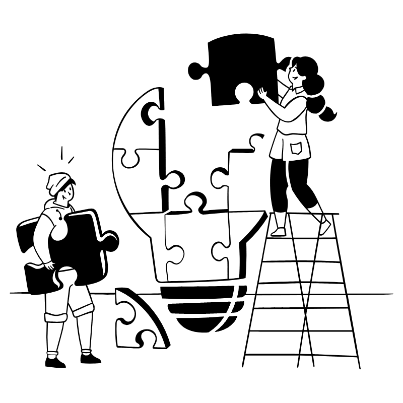 Two people assembling a lightbulb from puzzle pieces